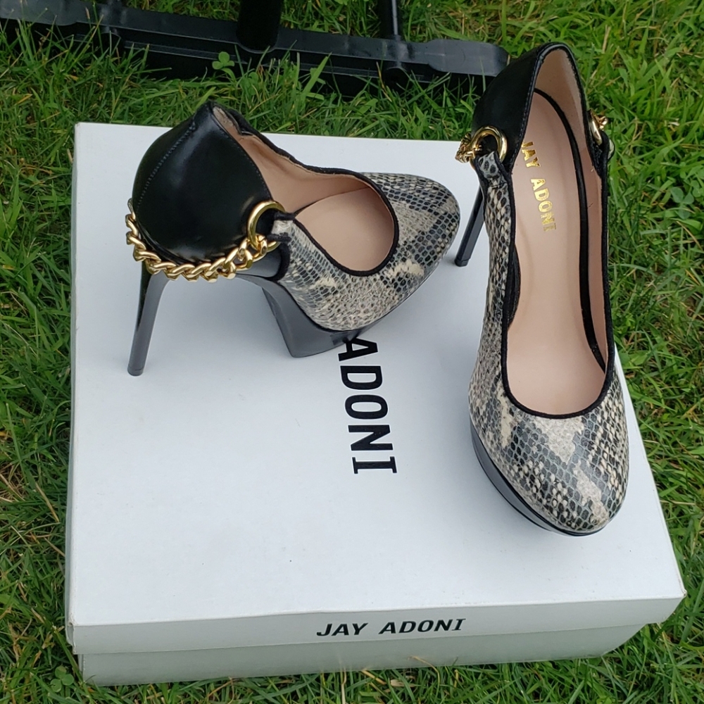 Jay Adoni, Black and Gold Chained Heels, Size 6